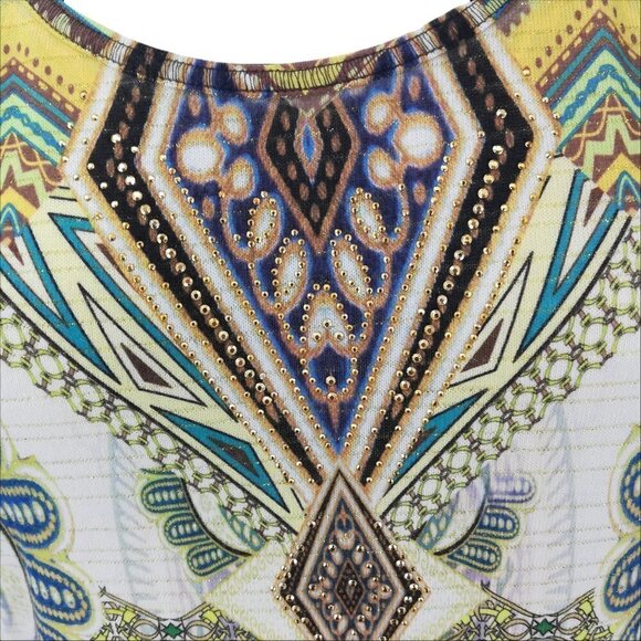 One World Raglan Sleeve Knit Top Size S Ethnic Geometric 3/4 Sleeve Gold Cream - Picture 3 of 12